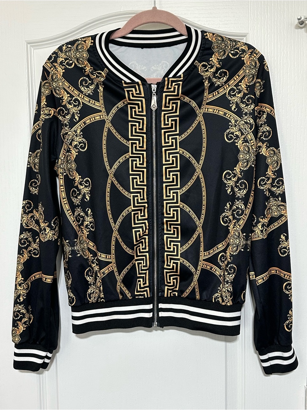 Black & Gold Patterned Bomber Style Jacket - Women's